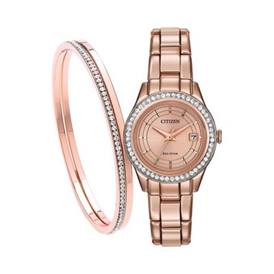 Ladies rose gold bracelet watch & bangle set fe1123-51q set